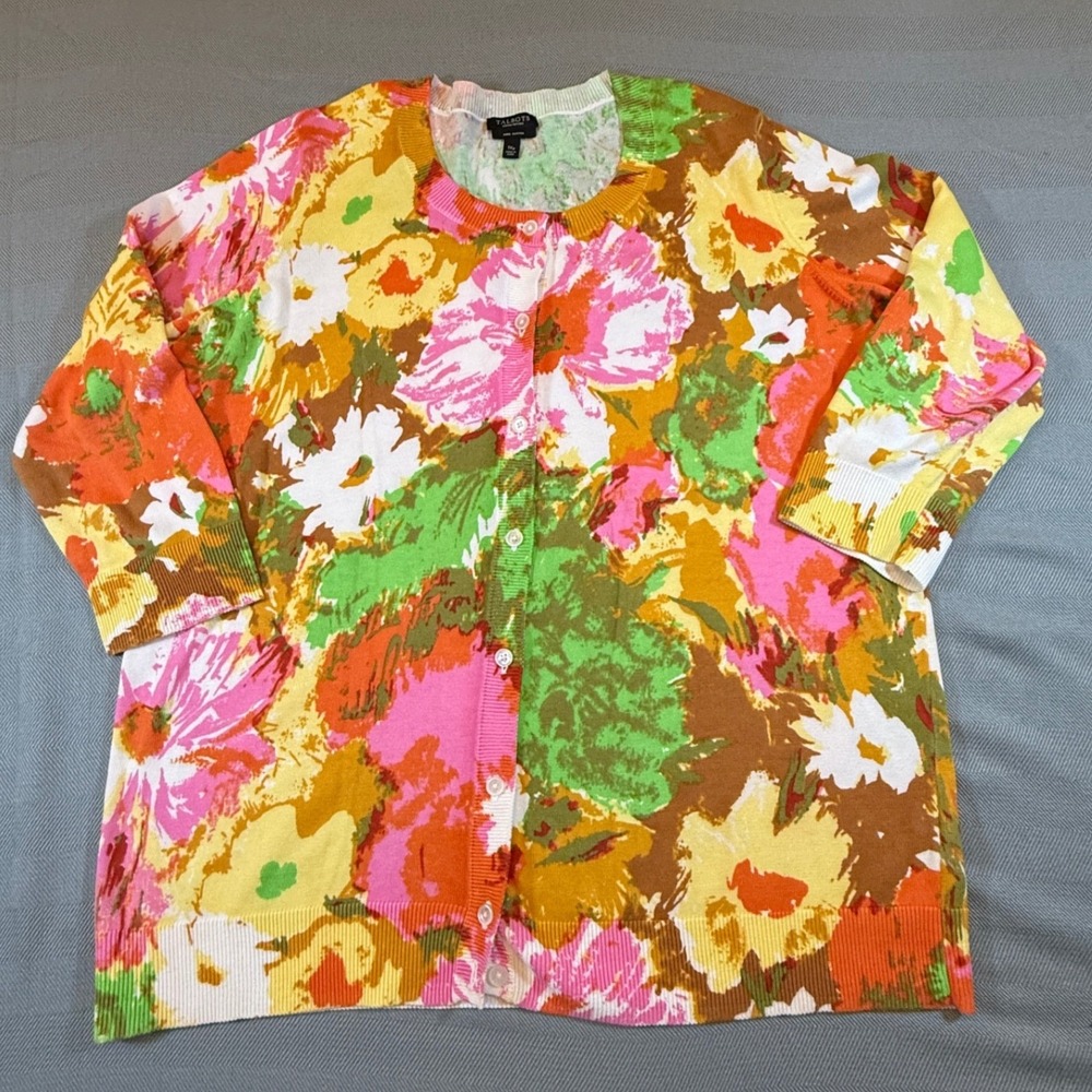 Talbots Woman Petites 1XP Pima Cotton Floral Cardigan Sweater Multi Color 2503